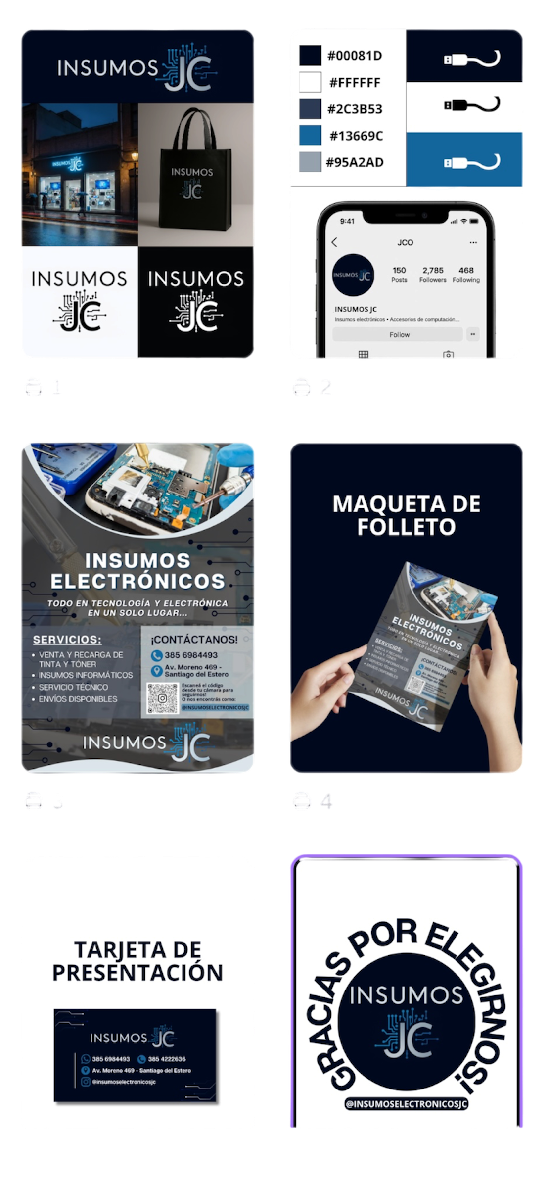 Brandboard de Insumos JC: identidad de electrónica, folleto y tarjetas