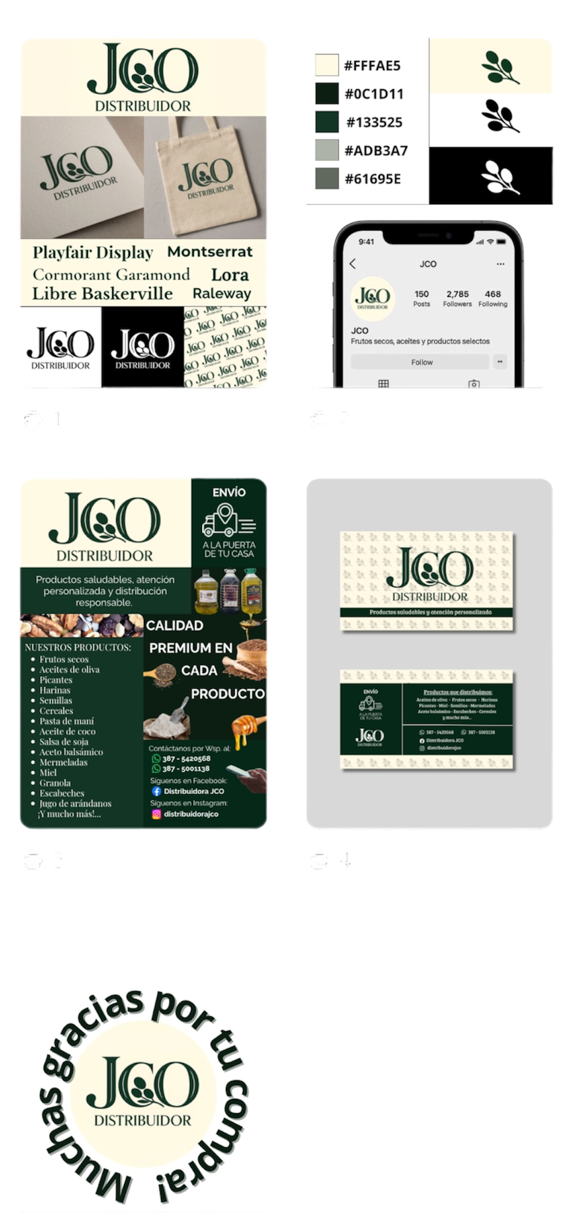 Brandboard de J&O Distribuidor: paleta verde y crema, papelería y piezas de productos saludables