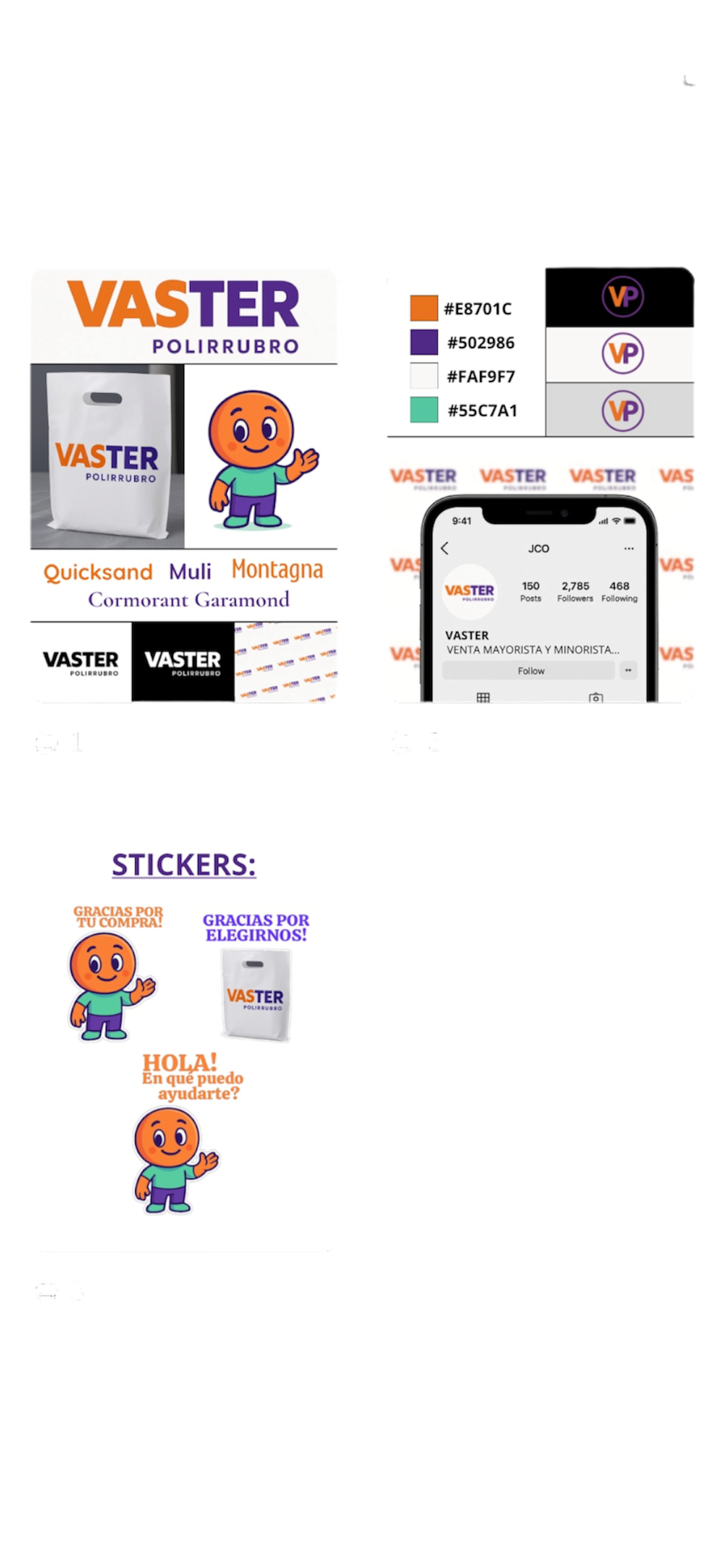 Brandboard del polirrubro Vaster: paleta naranja y violeta, tipografías, mascota y piezas