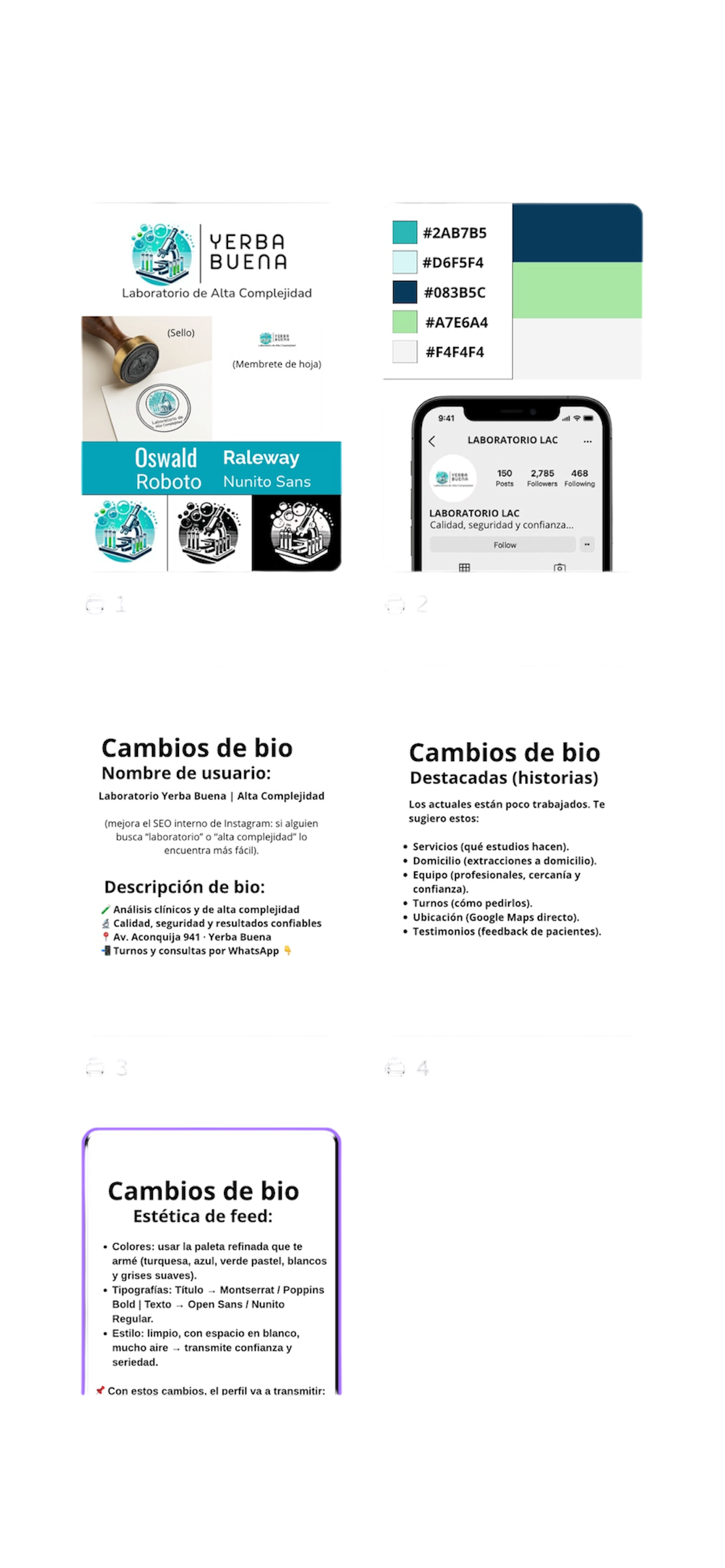 Brandboard del Laboratorio Yerba Buena: paleta celeste, sello y estética de feed